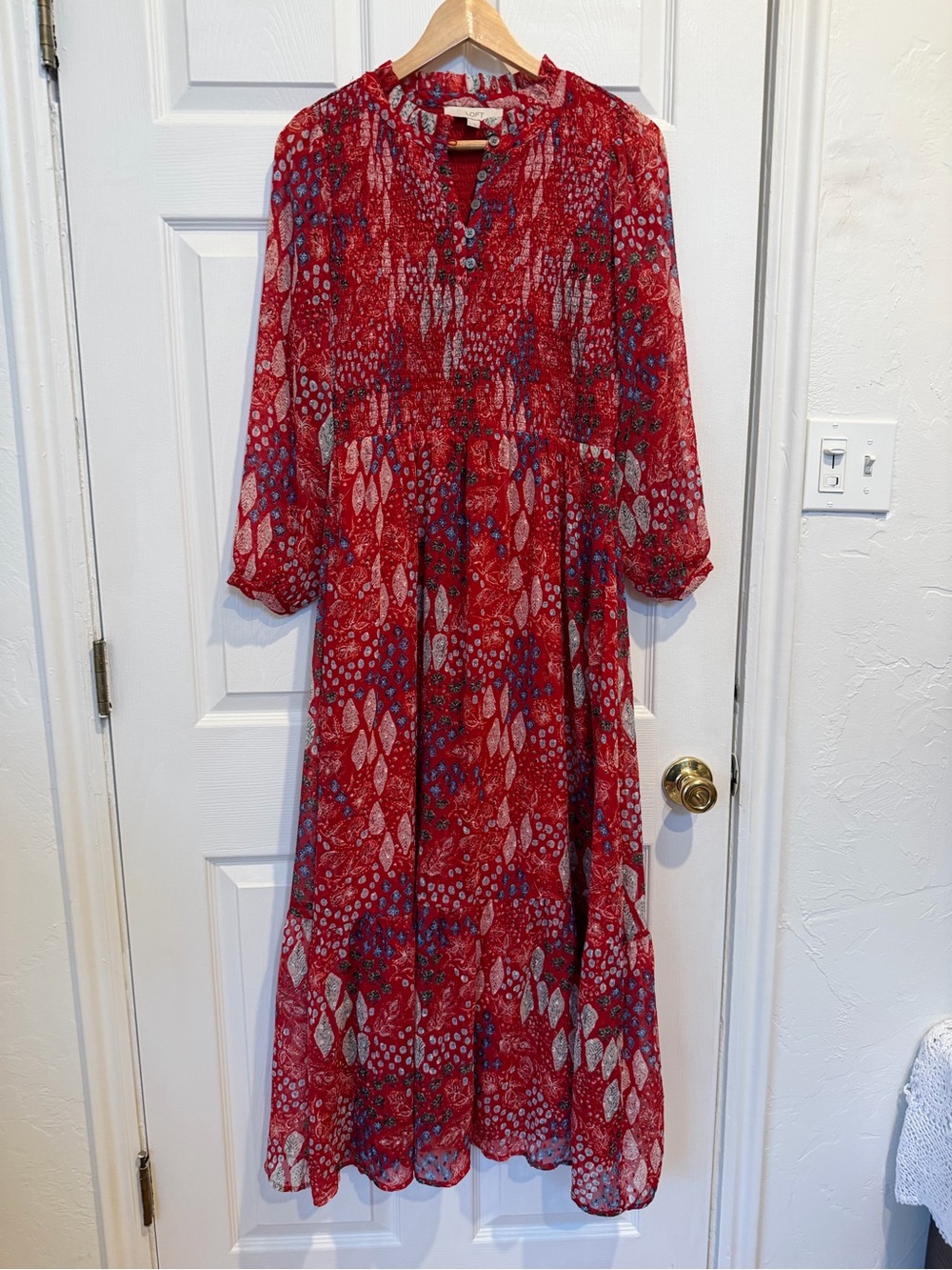 Loft Red Patterned Long Sleeve Midi Dress